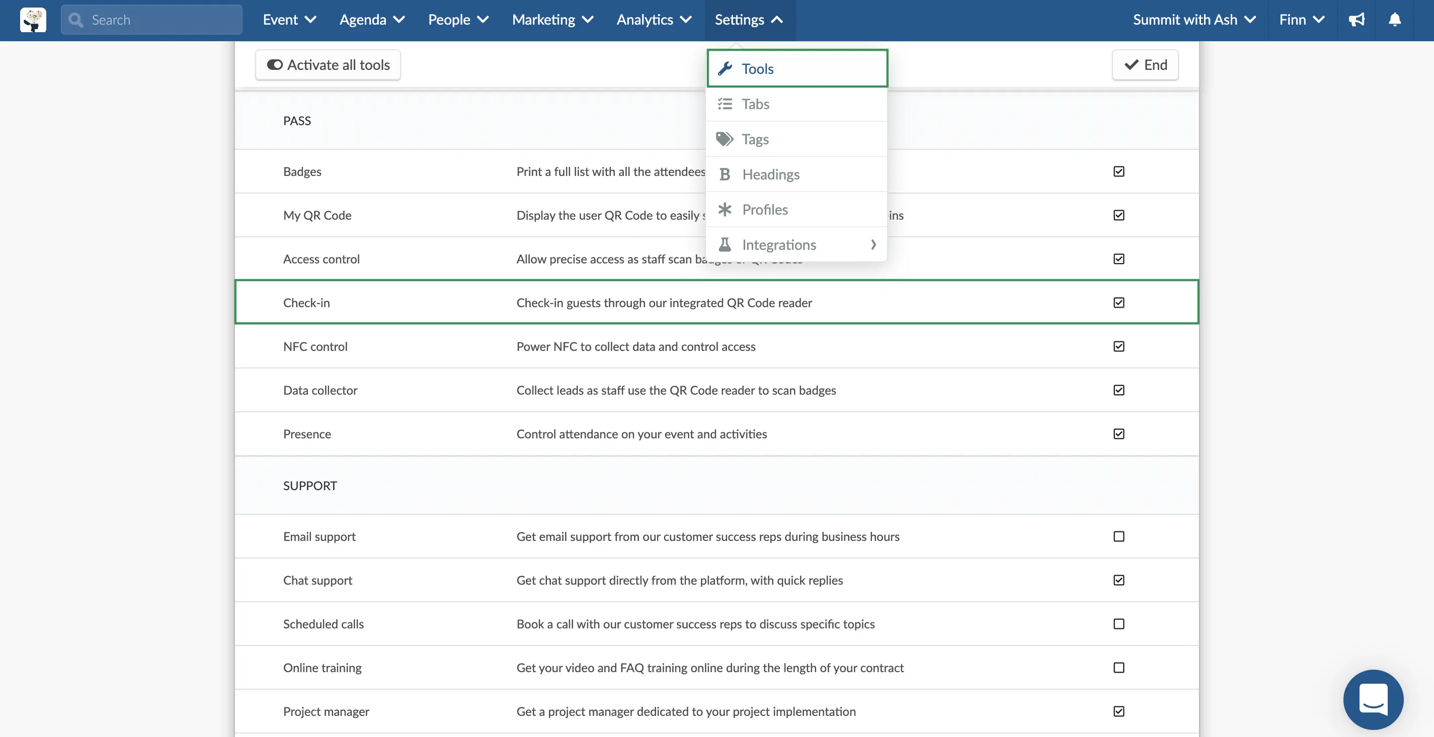 Enabling the Check-in tool in your event settings