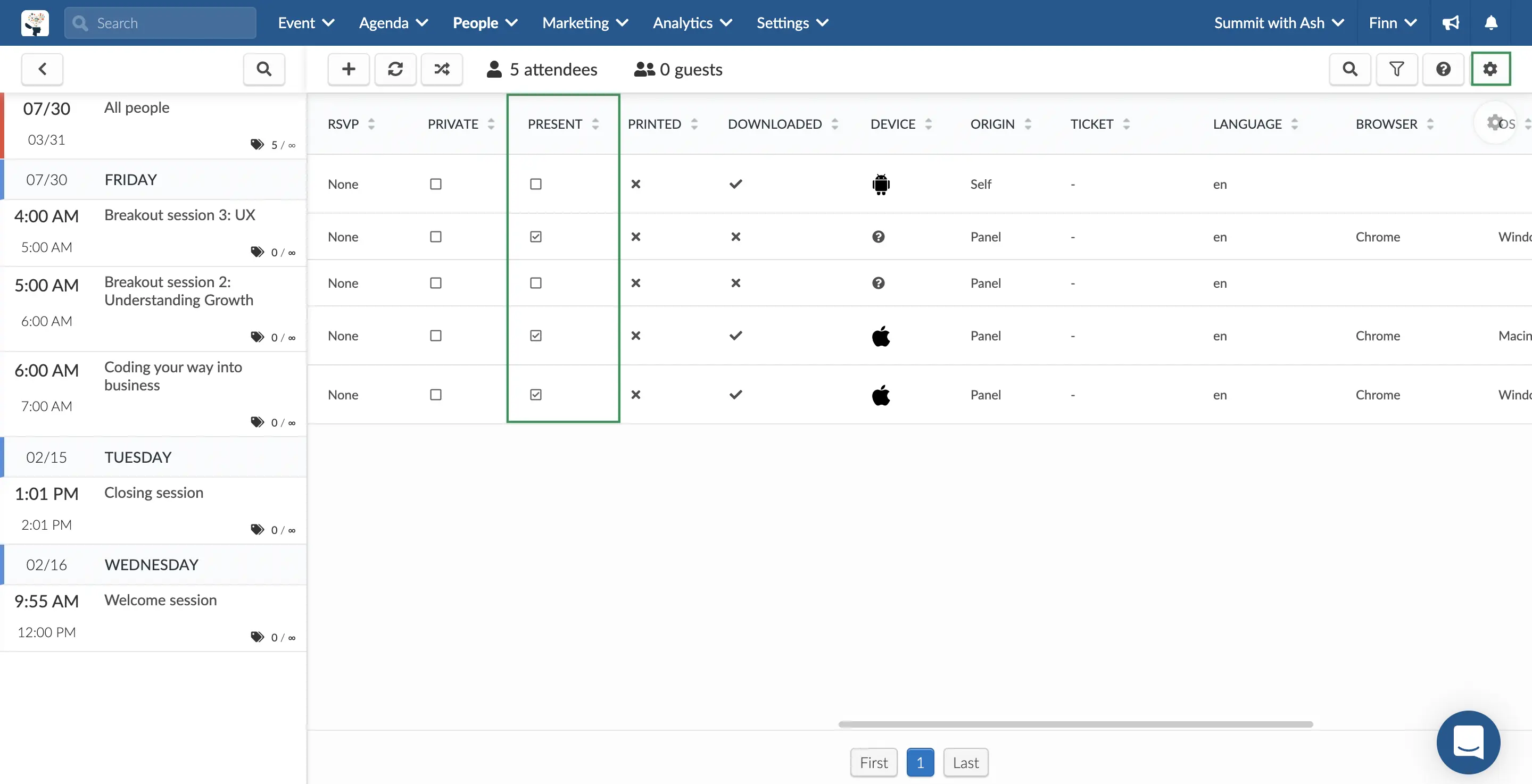 Changing an attendee's status to present