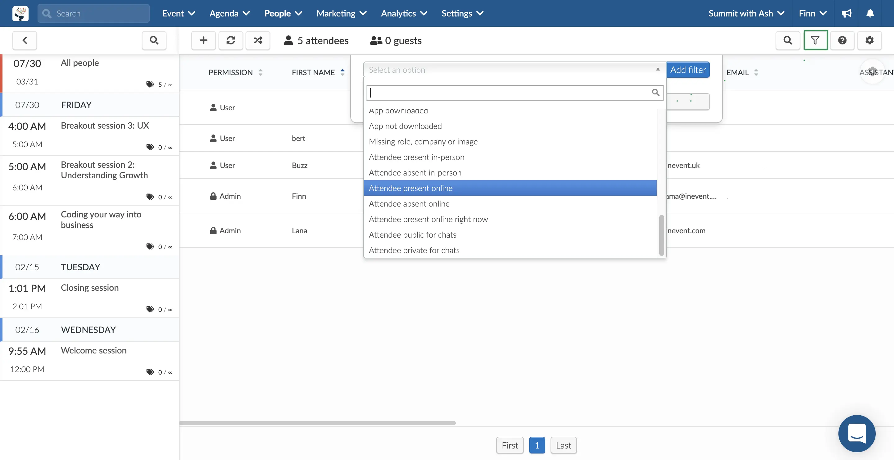 Track how many attendees have checked in in your event by using the filter