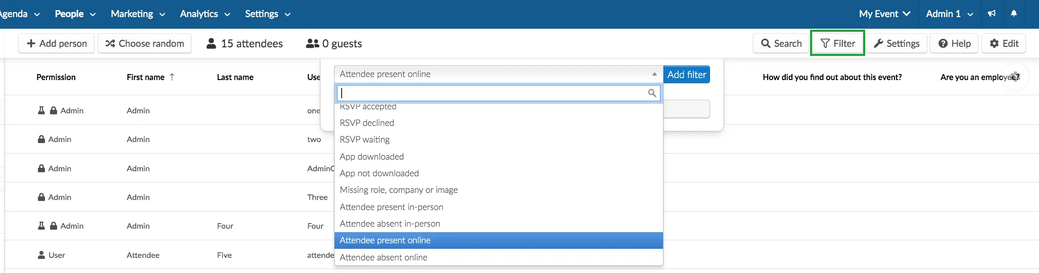 Track how many attendees have checked in in your event by using the filter