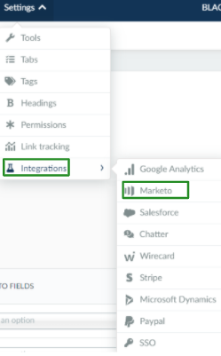 Screenshot of the steps Settings > Integrations > Marketo on event level.