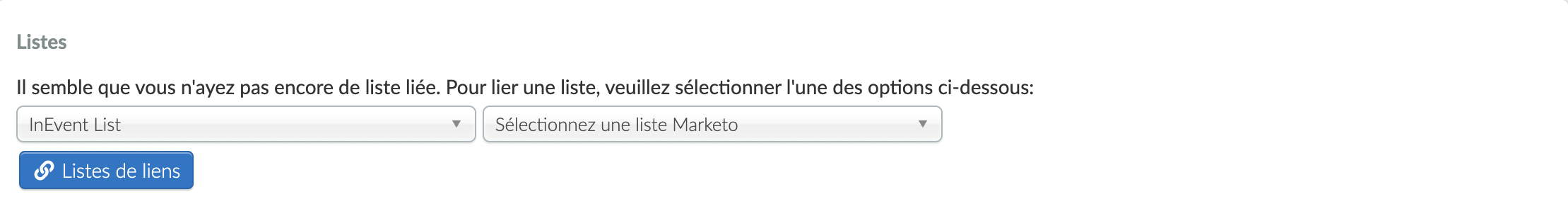 Capture d'écran des listes sur la page d'intégration de Marketo