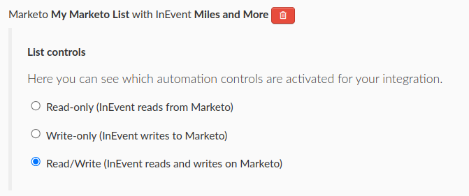 Screenshot showing List controls in the Marketo integration interface