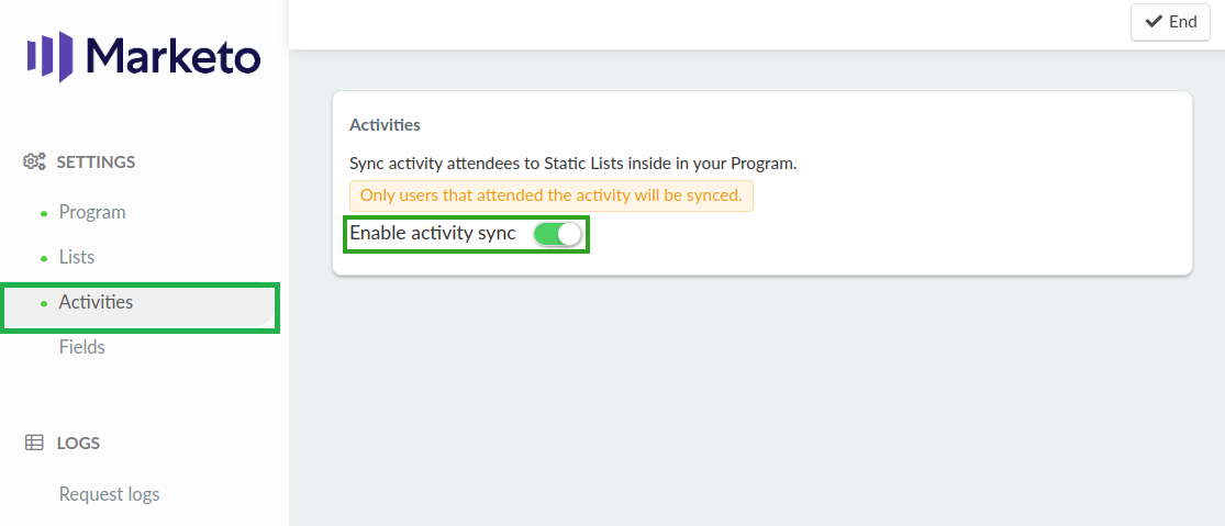 Screenshot showing the Enable activity sync toggle in the Activities interface.