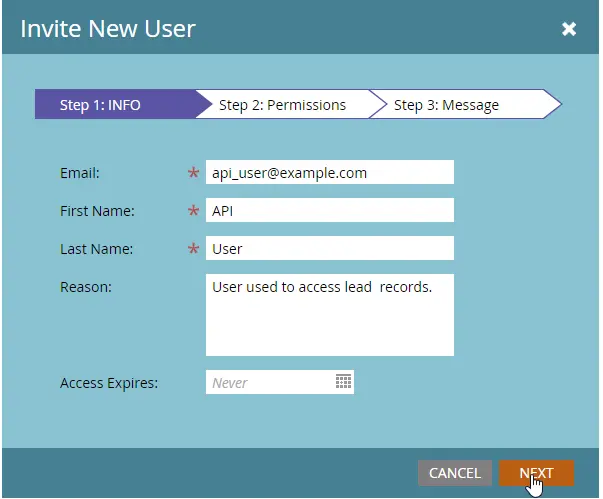 Add Email, First name and Last name (it must be written API). Then, click on Next.