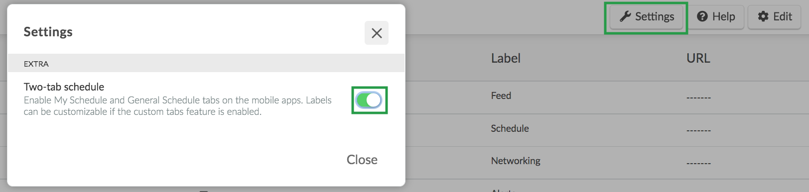 Image showing the settings pop-up on the Tabs page