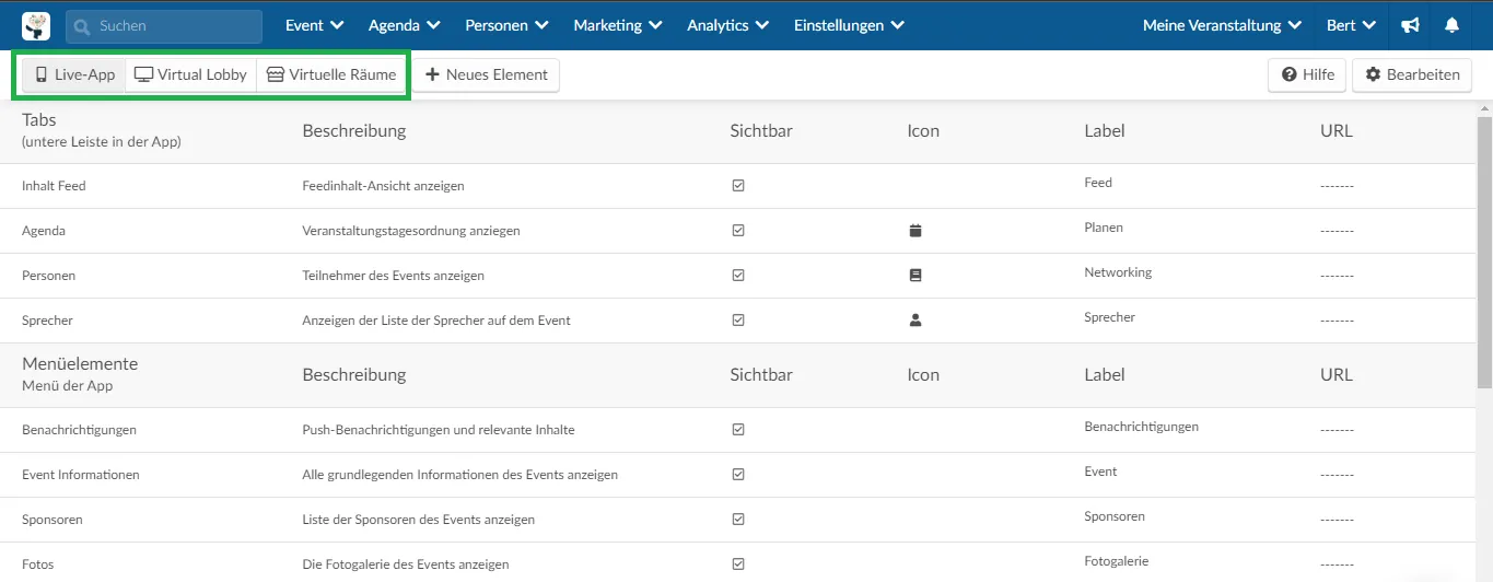 Um Tabs anzupassen und zu erstellen, rufen Sie die Tabs-Seite auf, indem Sie auf Einstellungen > Tabs klicken. 