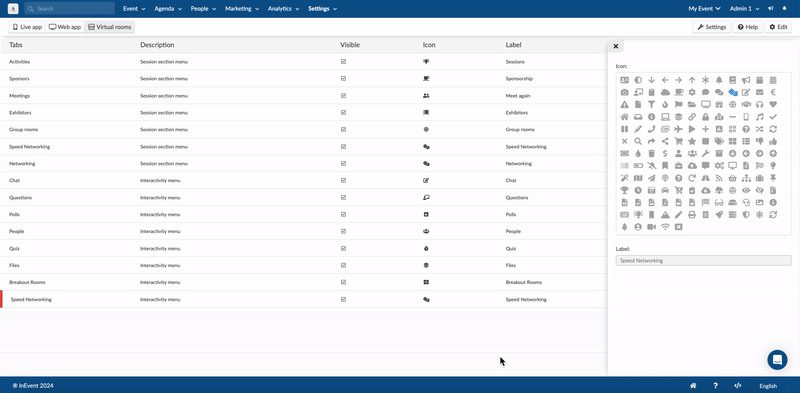 Gif showing how to disable tabs in the Virtual Lobby through Settings > Tabs > Virtual room