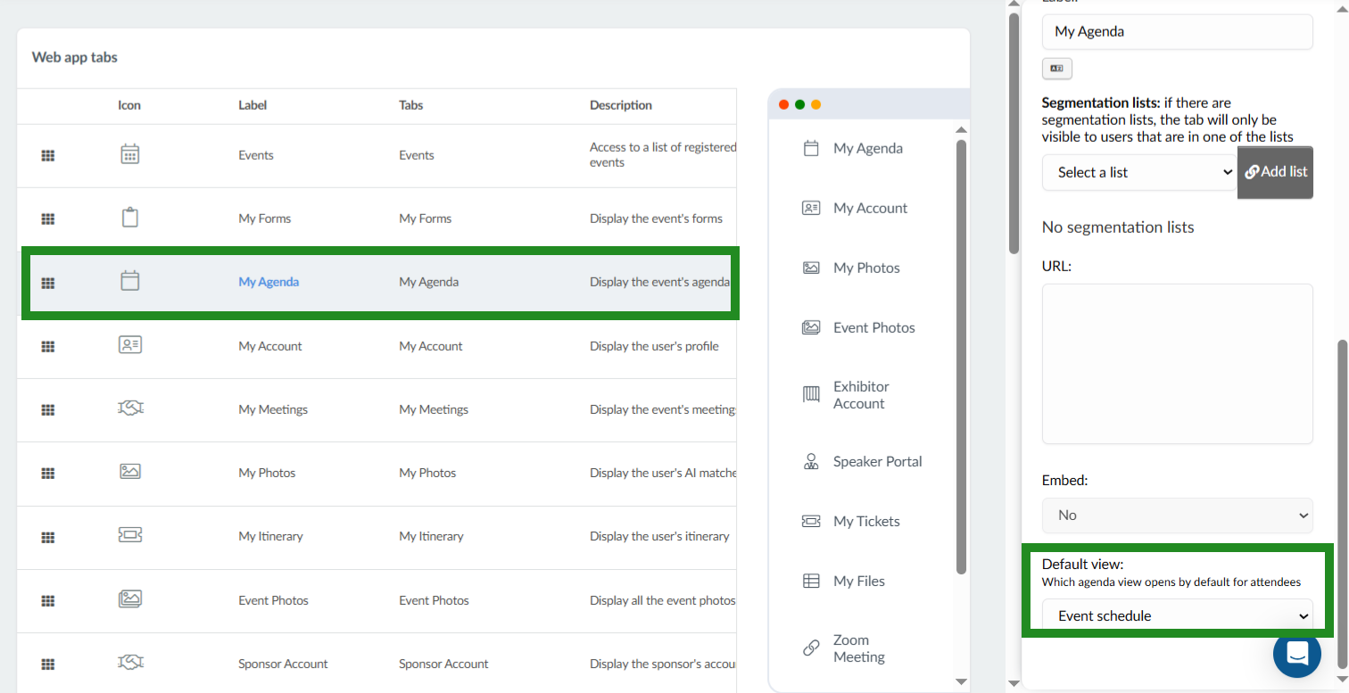 Image showing the Default view setting at Settings > Tabs > Web App > My Agenda.