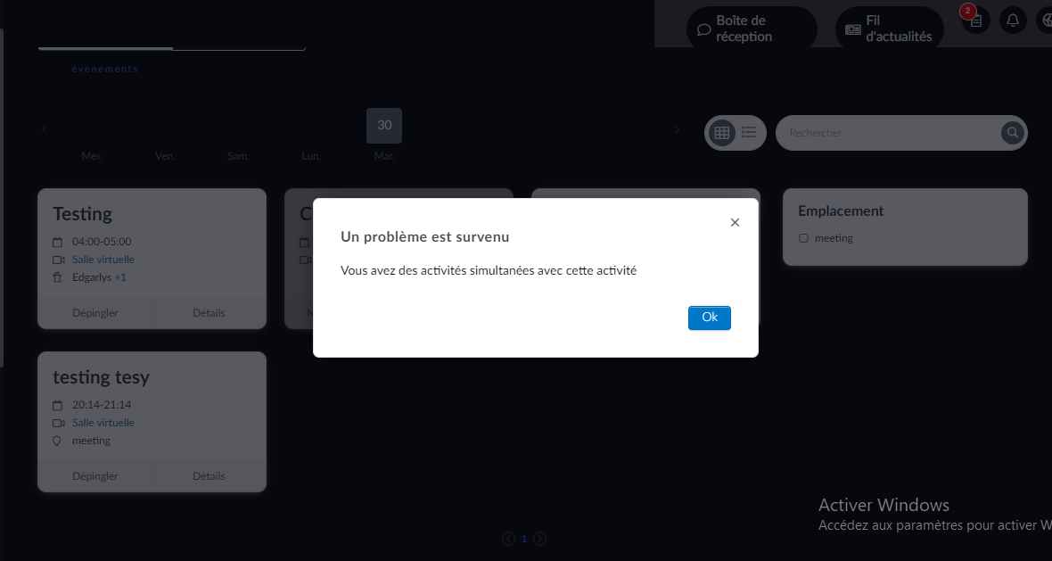 Message qui apparait lorsque le Calendrier simultané est désactivé