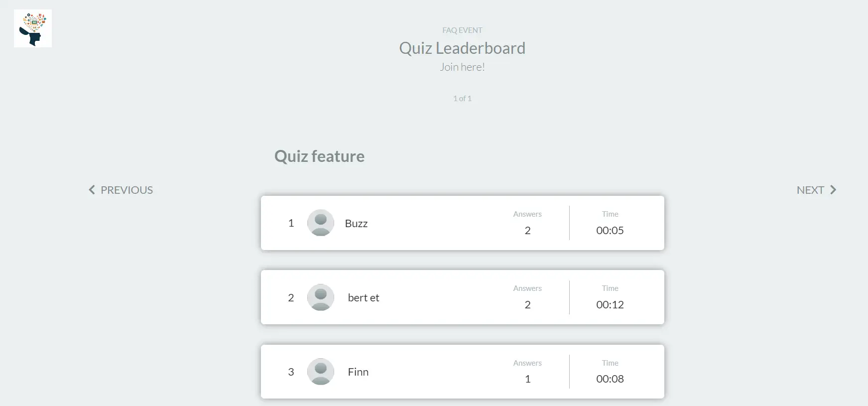 New window showing the Quiz leaderboard