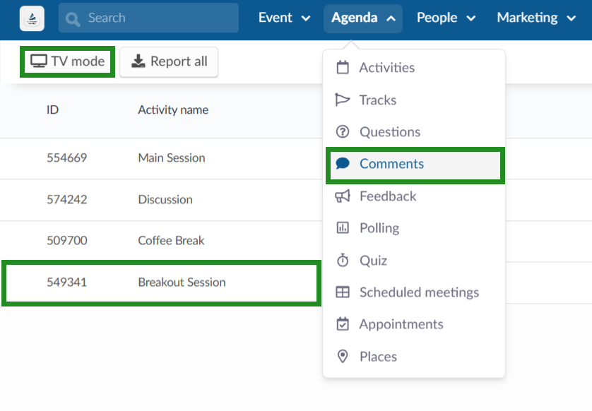 Go to Agenda> Comments> select an activity 