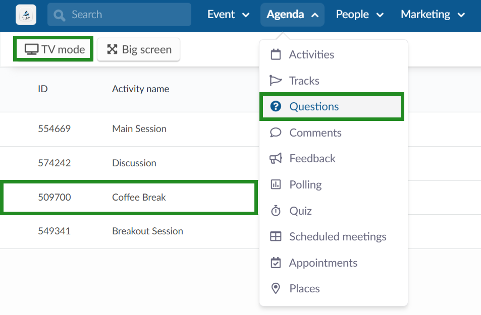 Go to Agenda> Questions> select an activity 