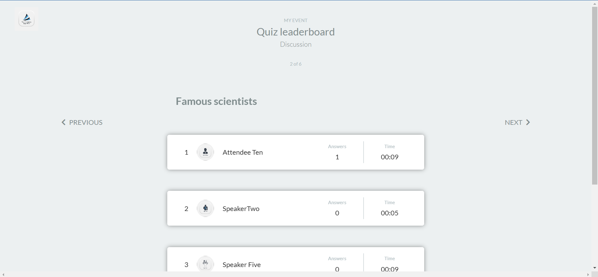 New window showing the Quiz leaderboard