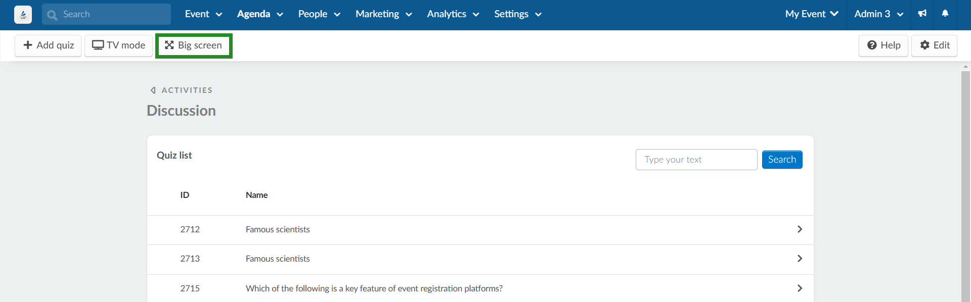  Agenda > Quiz > select a quiz click on the Big Screen button
