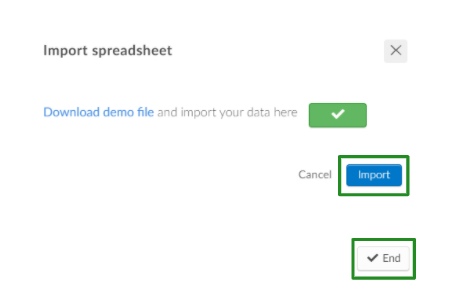 Screenshot of the steps import spreadsheet > import > end.