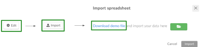 Screenshot of the import spreadhseet page