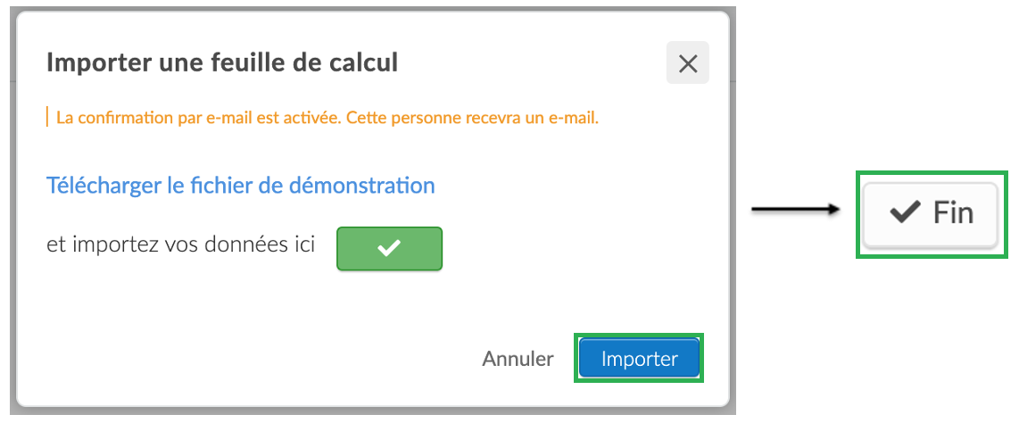 Capture d'écran des étapes d'importation de la feuille de calcul > importer > fin.
