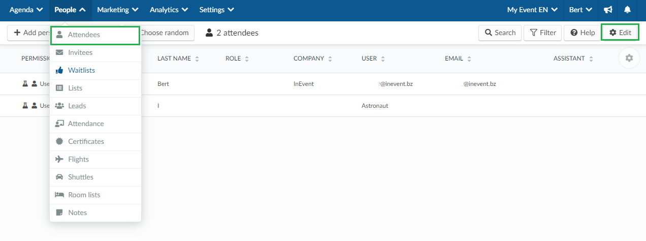Screenshot of People > Attendees.