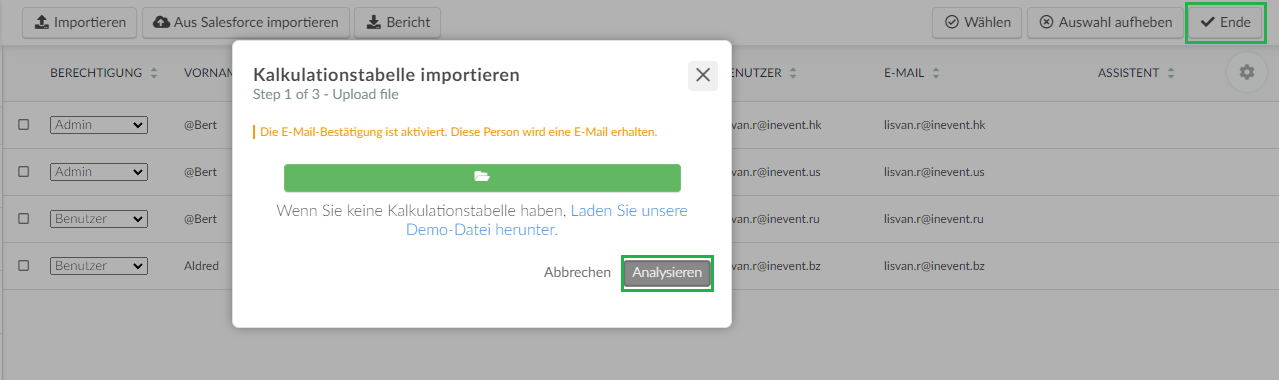Screenshot of the steps import spreadsheet > import > end.