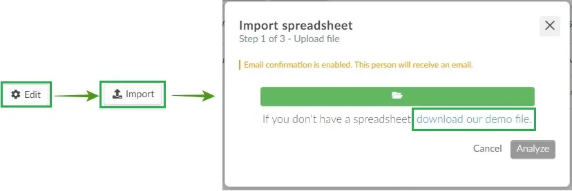 Screenshot of the import spreadhseet page