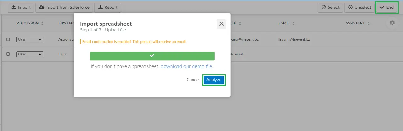 Screenshot of the steps import spreadsheet > import > end.