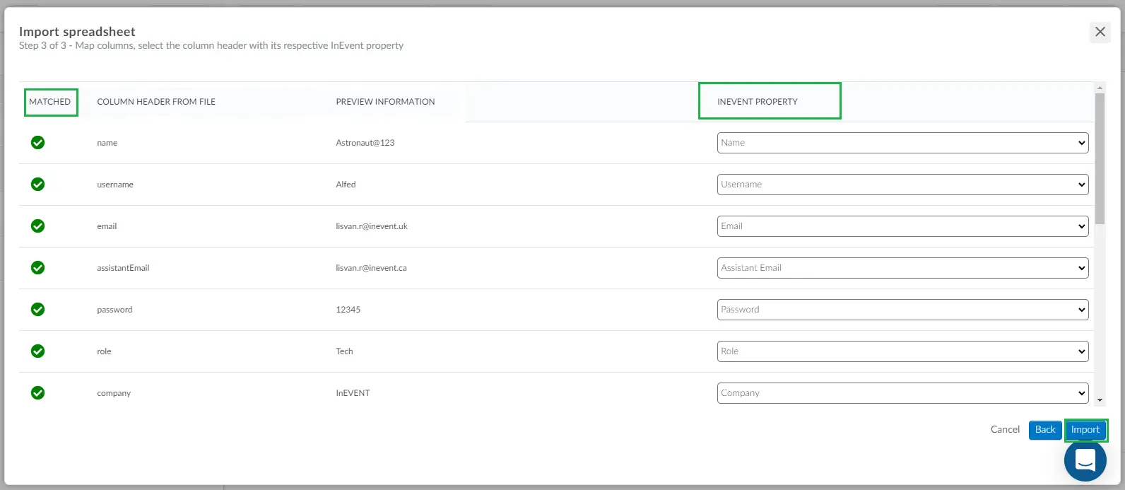 InEvent properties