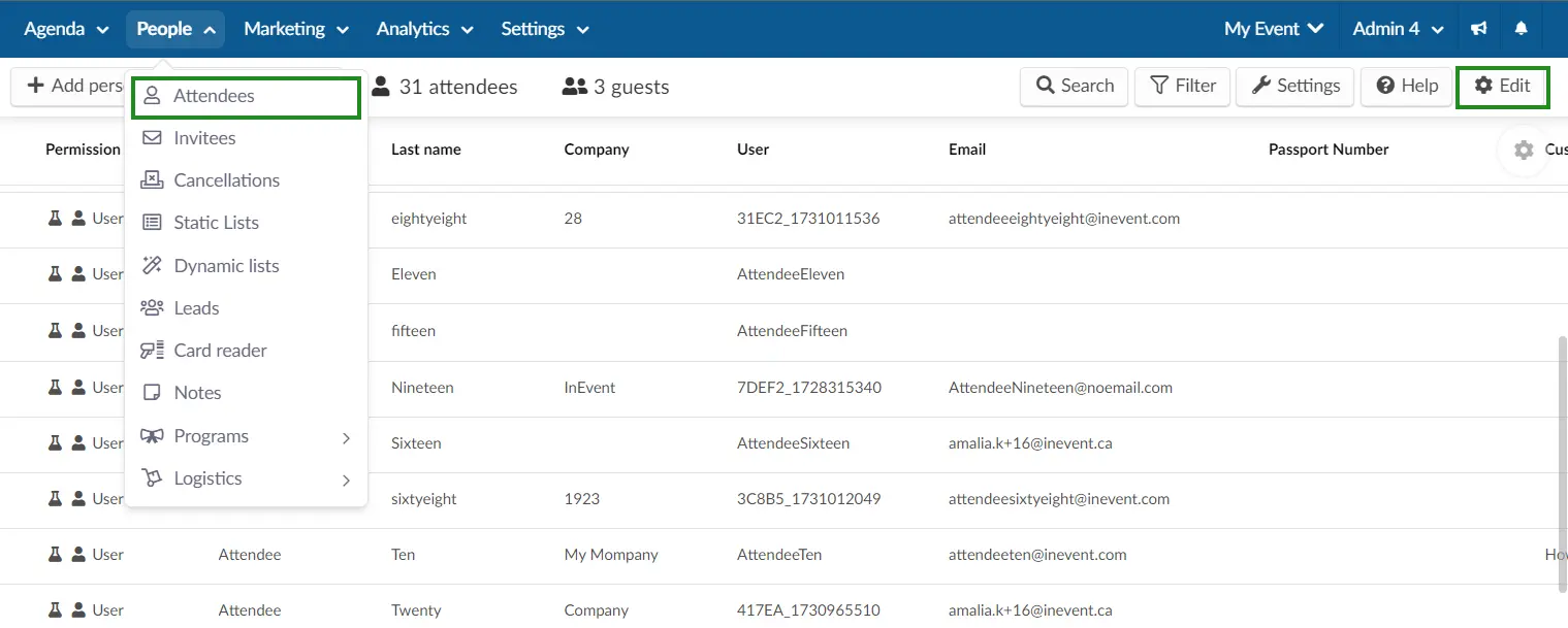 Screenshot of the steps People > Attendees.