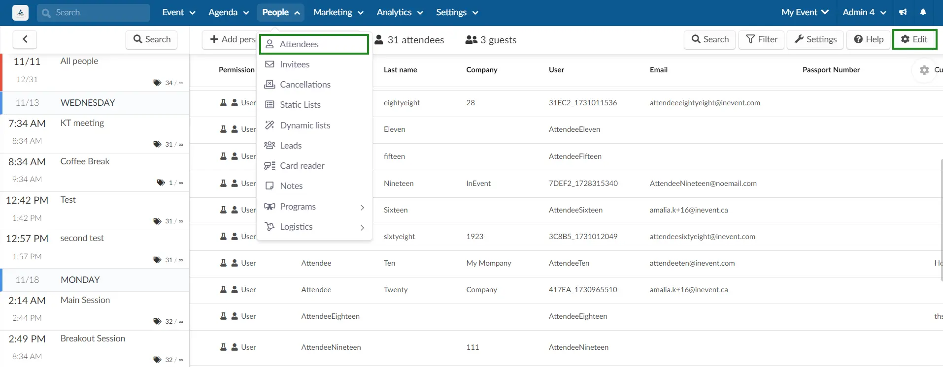 Screenshot of People > Attendees.