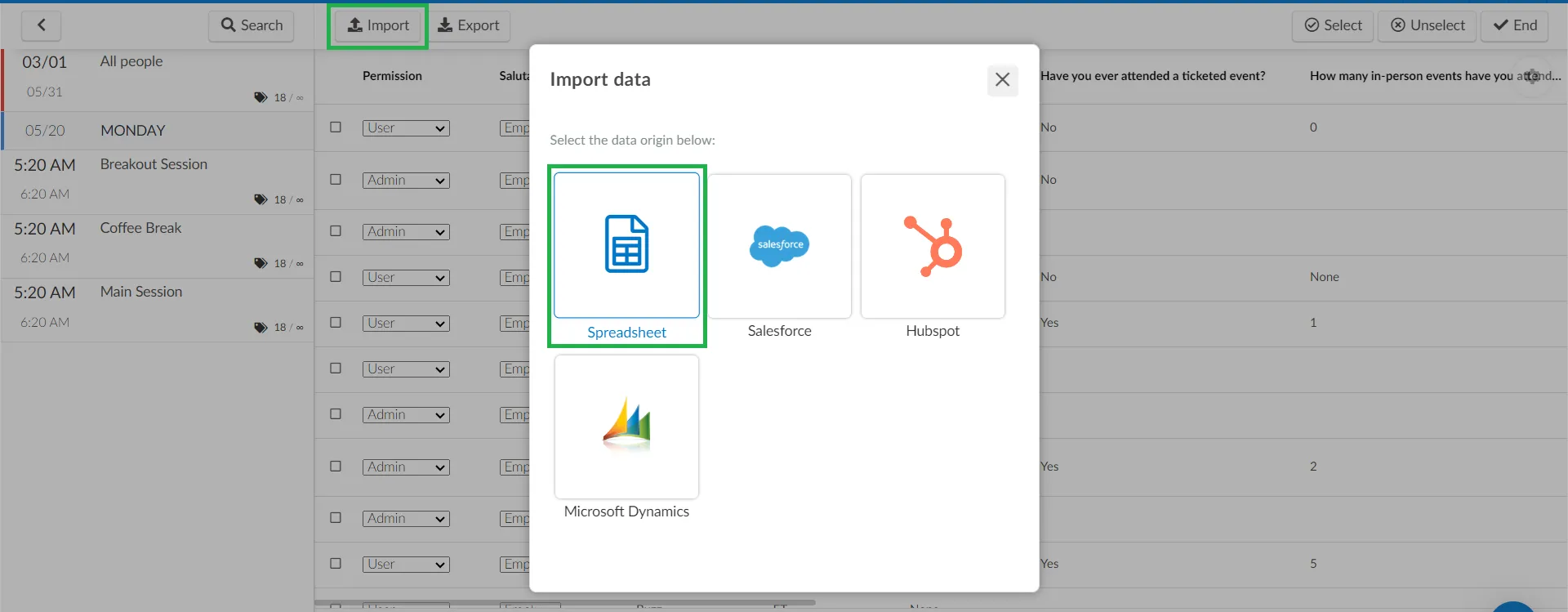 Select spreadsheet as data origin