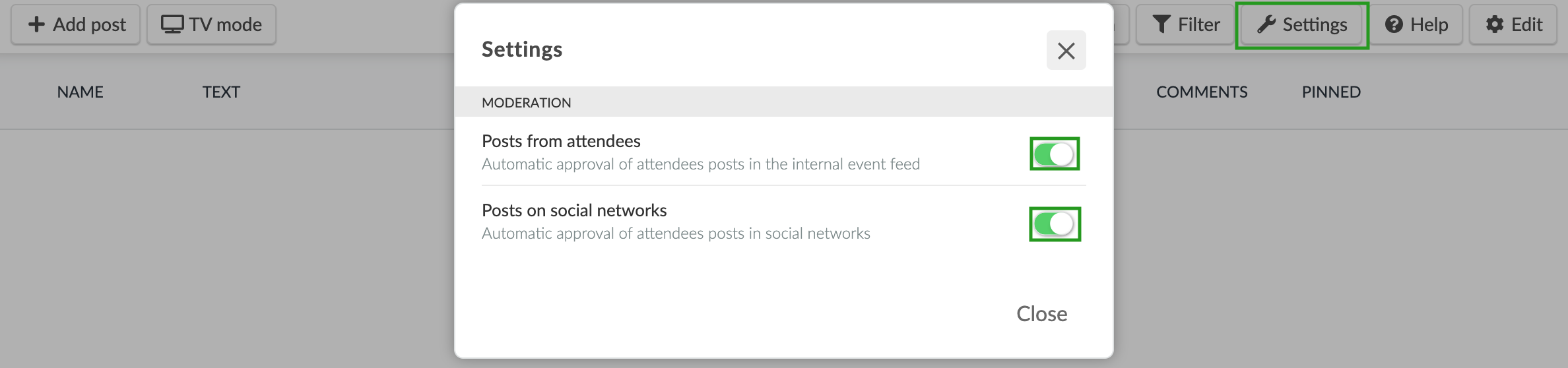 The image displays the settings pop-up that allows you to enable the automatic approval of attendee posts.