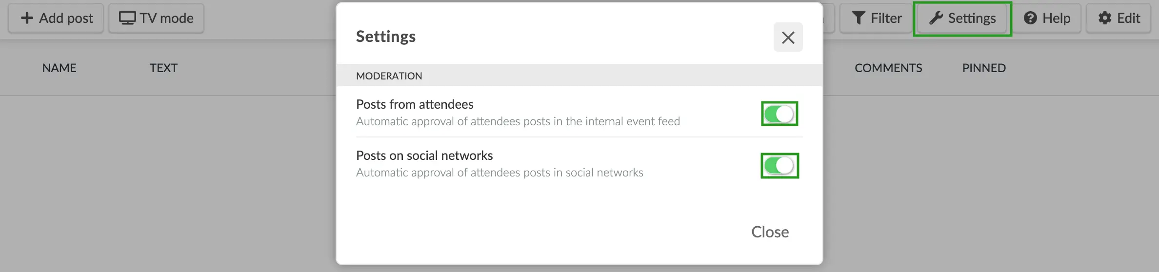 Enable automatic approval of attendee posts