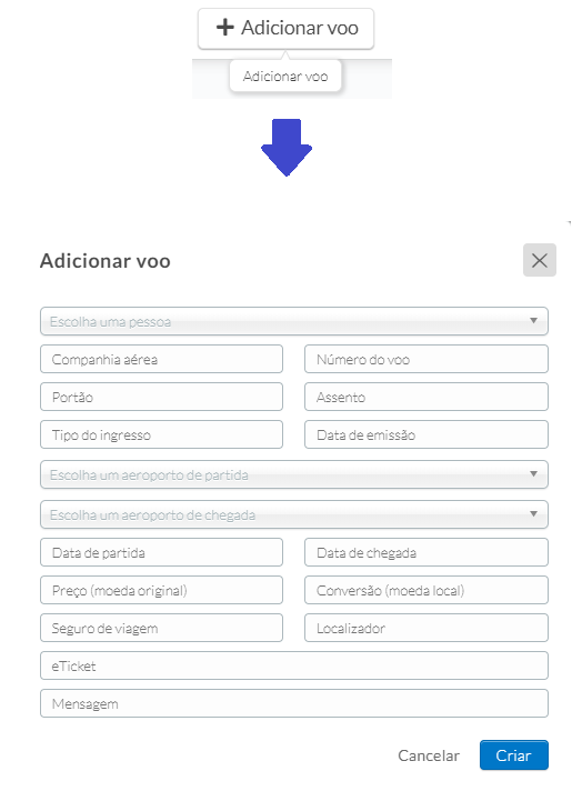 Captura de tela do botão "+Adicionar Voo" e suas informações.