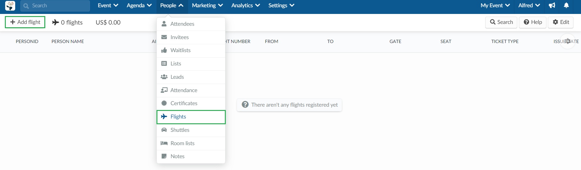 Screenshot of People > Flights > +Add flight.