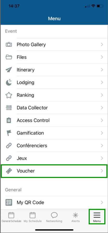 Screenshot of the app's menu highlighting the voucher.