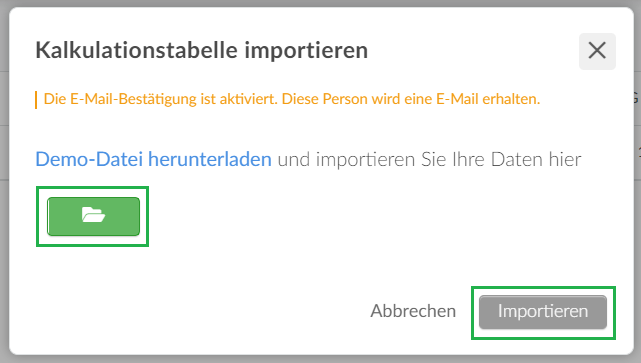 Screenshot of  Import >  Green File Icon > Select your file > Import > End.