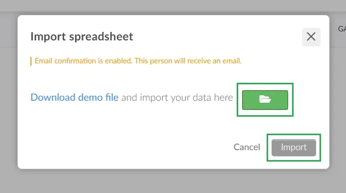 Screenshot of  Import >  Green File Icon > Select your file > Import > End.