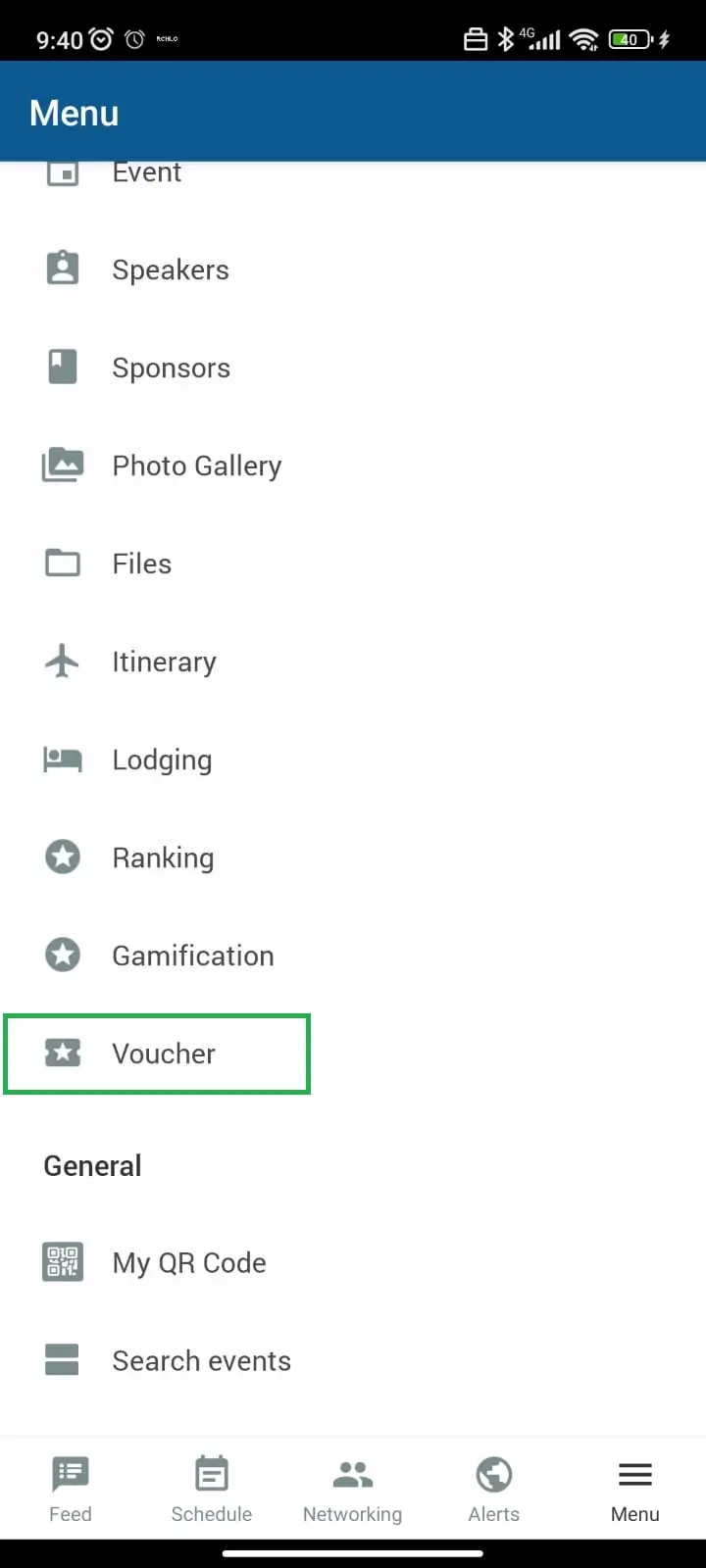 Screenshot of the app's menu highlighting the voucher.