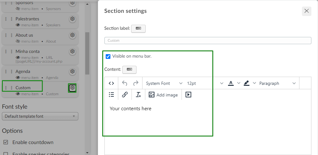 website > custom section > add image
