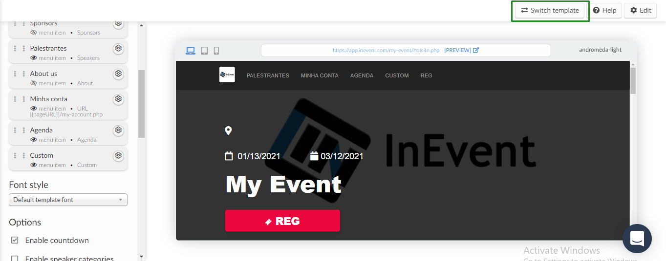 website > switch template > choose layout