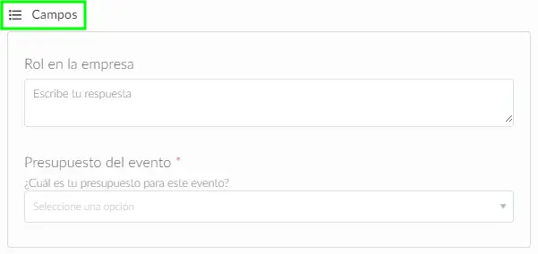 Sección Campos en los detalles del evento