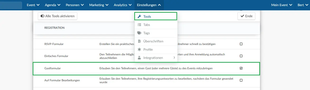 Einstellungen > Tools > Gastformular