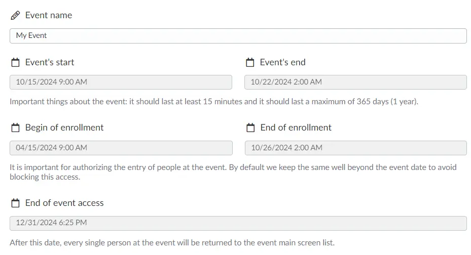 Screenshot showing event time and date fields