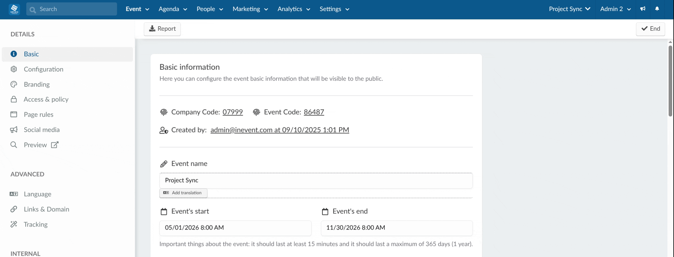 Screenshot showing the event report module selector