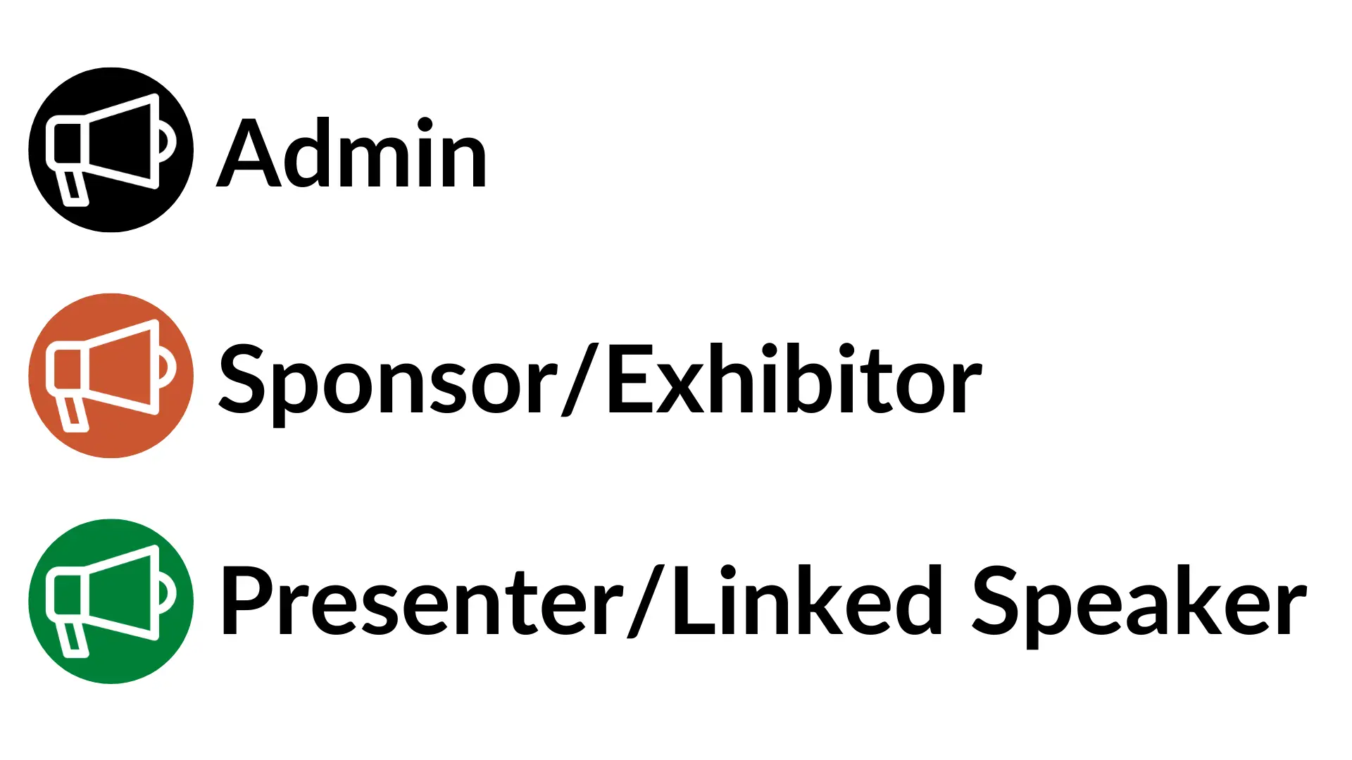 admins, presenters/linked speakers and sponsors/exhibitors