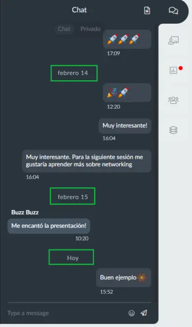 Los comentarios en el chat separados por fecha