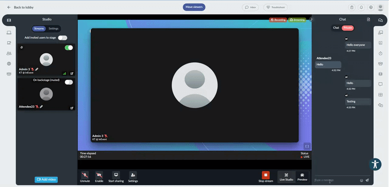 GIF showing the red dot notification in Private chat of the Live Studio.