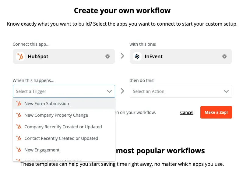 Actions to take within Zapier for HubSpot