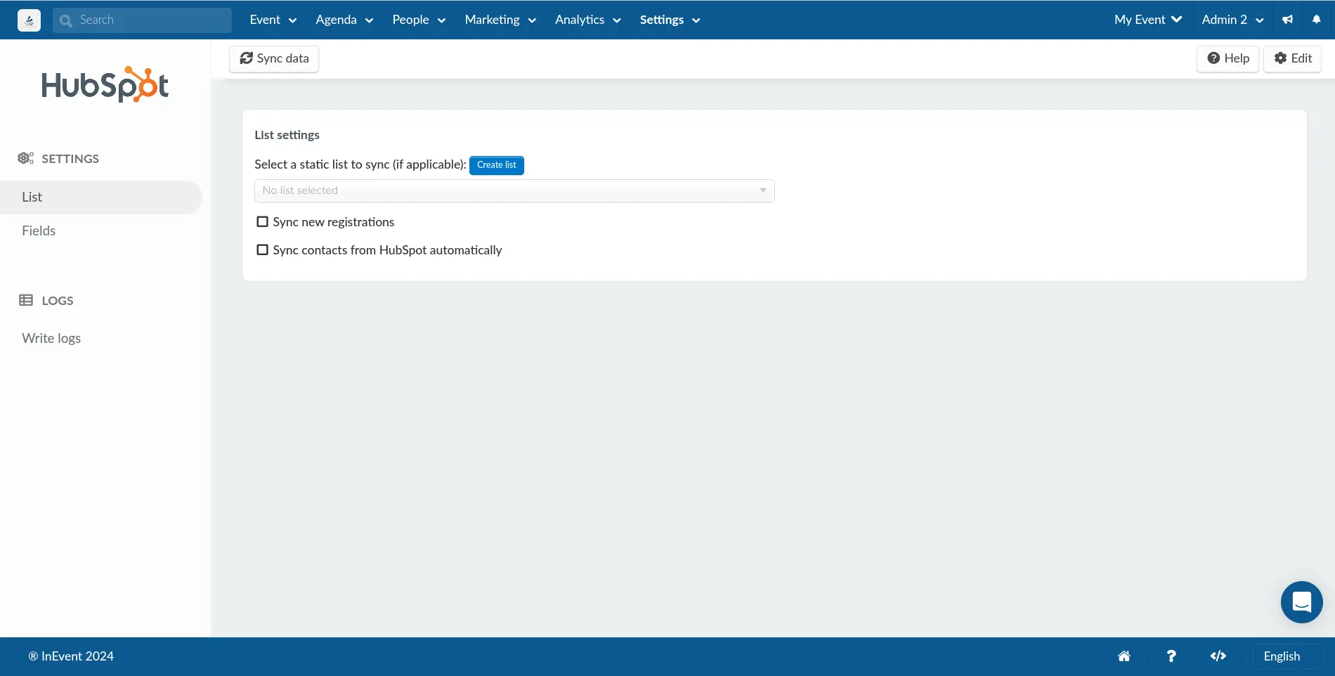 Screenshot of the Hubspot integration page