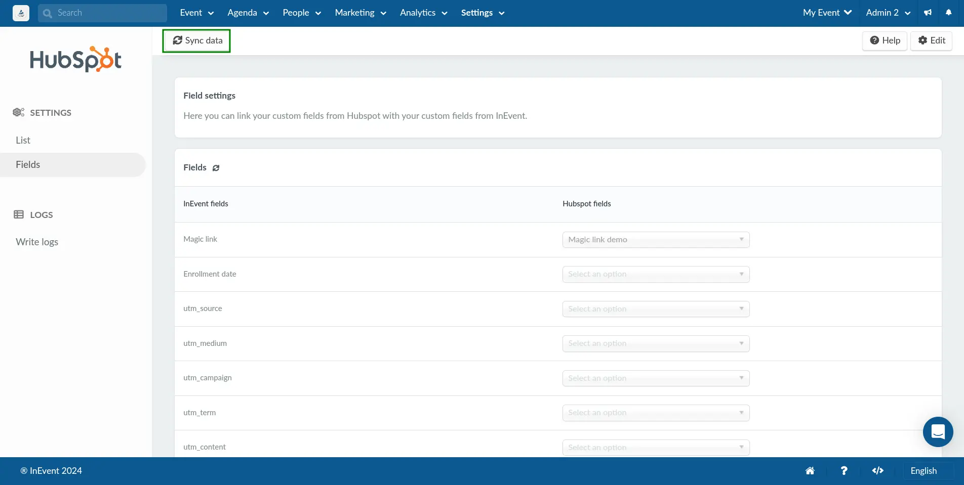 Syncing InEvent fields with HubSpot fields